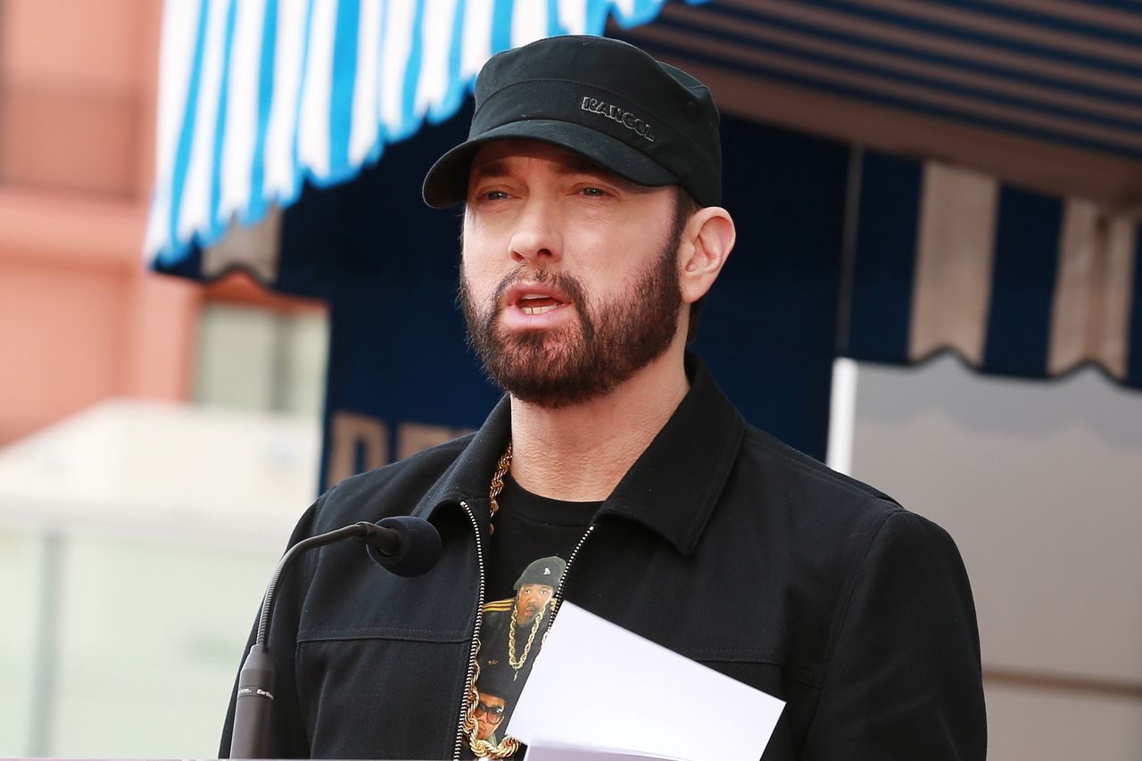 HOLLYWOOD, CALIFORNIA - JANUARY 30: Eminem speaks during a ceremony honoring 50 Cent with a star on the Hollywood Walk of Fame on January 30, 2020 in Hollywood, California. (Photo by Leon Bennett/Getty Images)