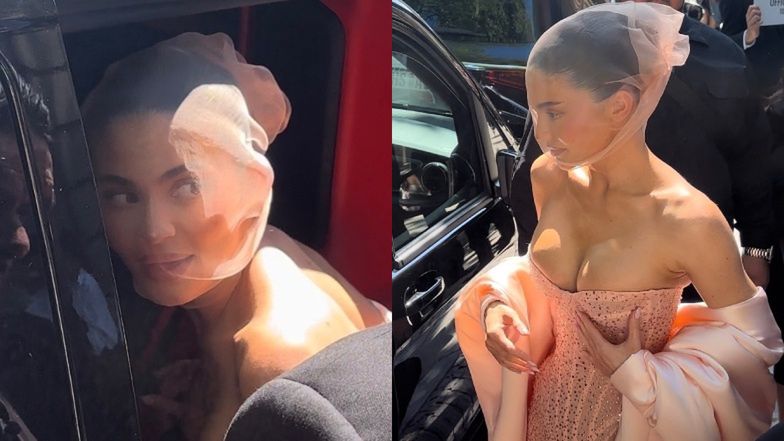Kylie Jenner i jej ściśnięty biust podbijają Paryż. Fajne nakrycie głowy? (ZDJĘCIA)