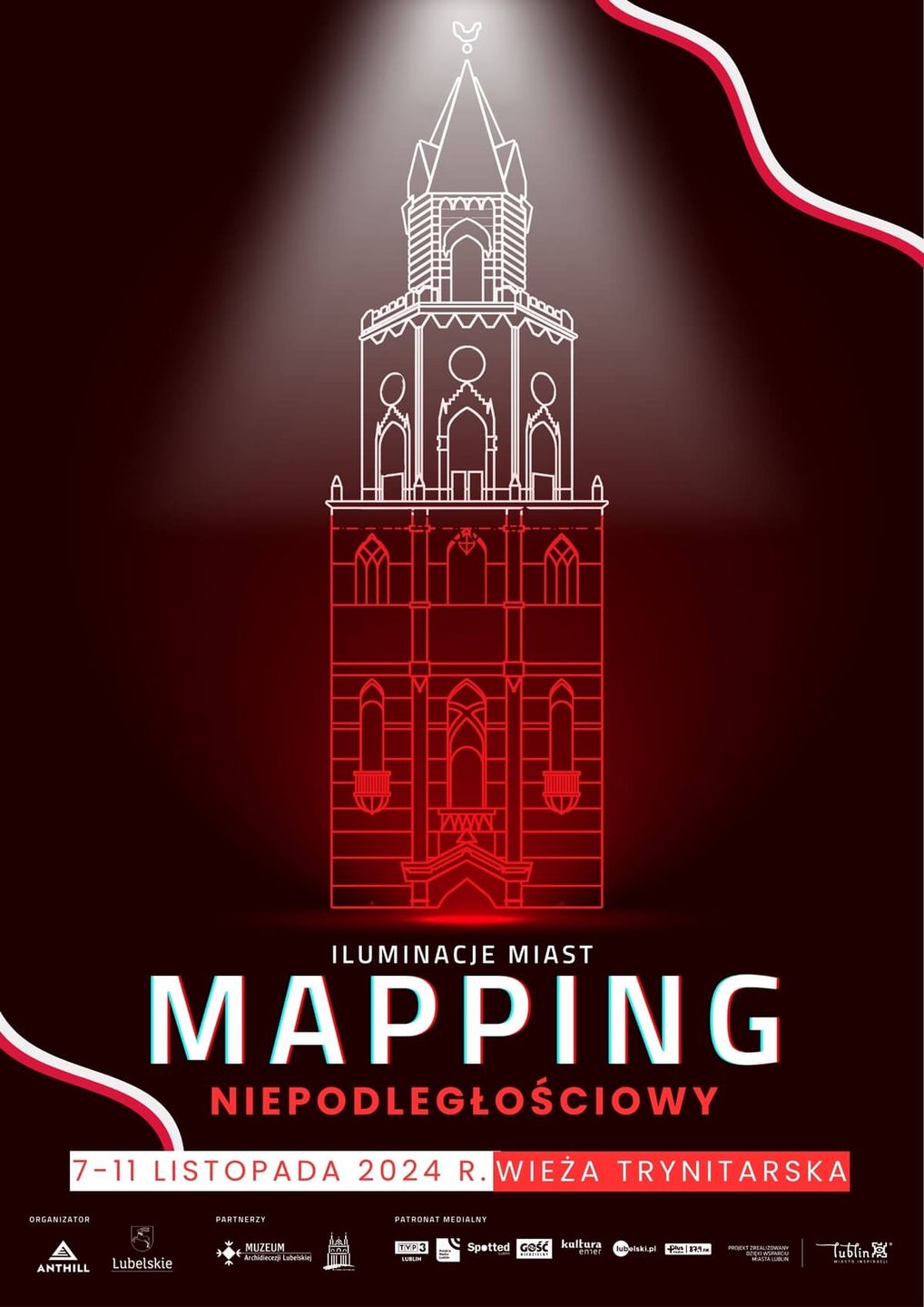 Mapping Niepodległościowy na fasadzie Wieży Trynitarskiej
