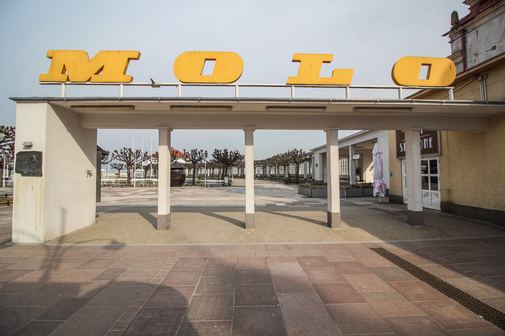 Completely empty entrance to the longest in Europe wooden Pier (Molo w Sopocie) is seen in Sopot, Poland on 27 March 2020  Polish government due the Covid-19 danger, forced ban on gatherings of more than 2 people and a ban on leaving home without apparent reason, as for instance going to job, to the pharmacy or for a dog walking. (Photo by Michal Fludra/NurPhoto via Getty Images)