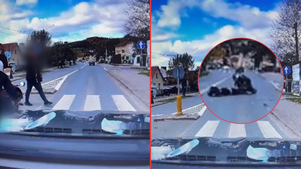 Motocyklista wjechał w pieszego i chciał uciec. Dramatyczne nagranie z Małopolski