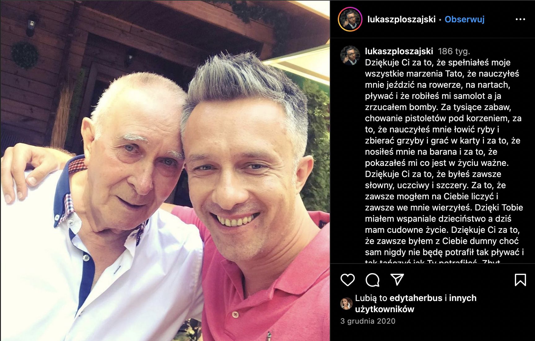 Wpis, w którym Łukasz Płoszajski żegna się z ojcem