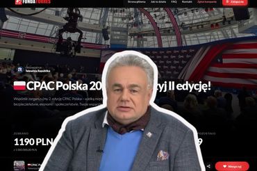 Tomasz Sakiewicz na tle zbiórki Republiki dot. CPAC Polska