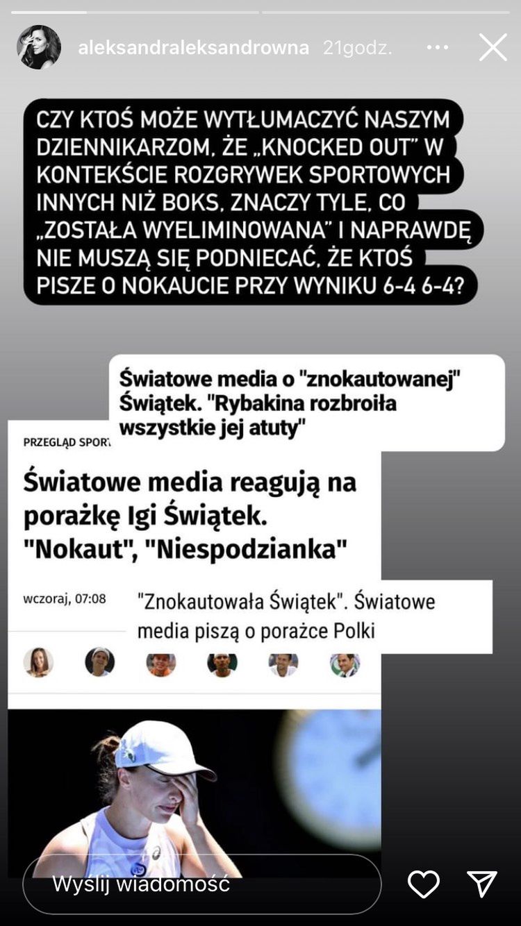 Aleksandra Kwaśniewska reaguje na słowa dziennikarzy o "nokaucie" Igi Świątek