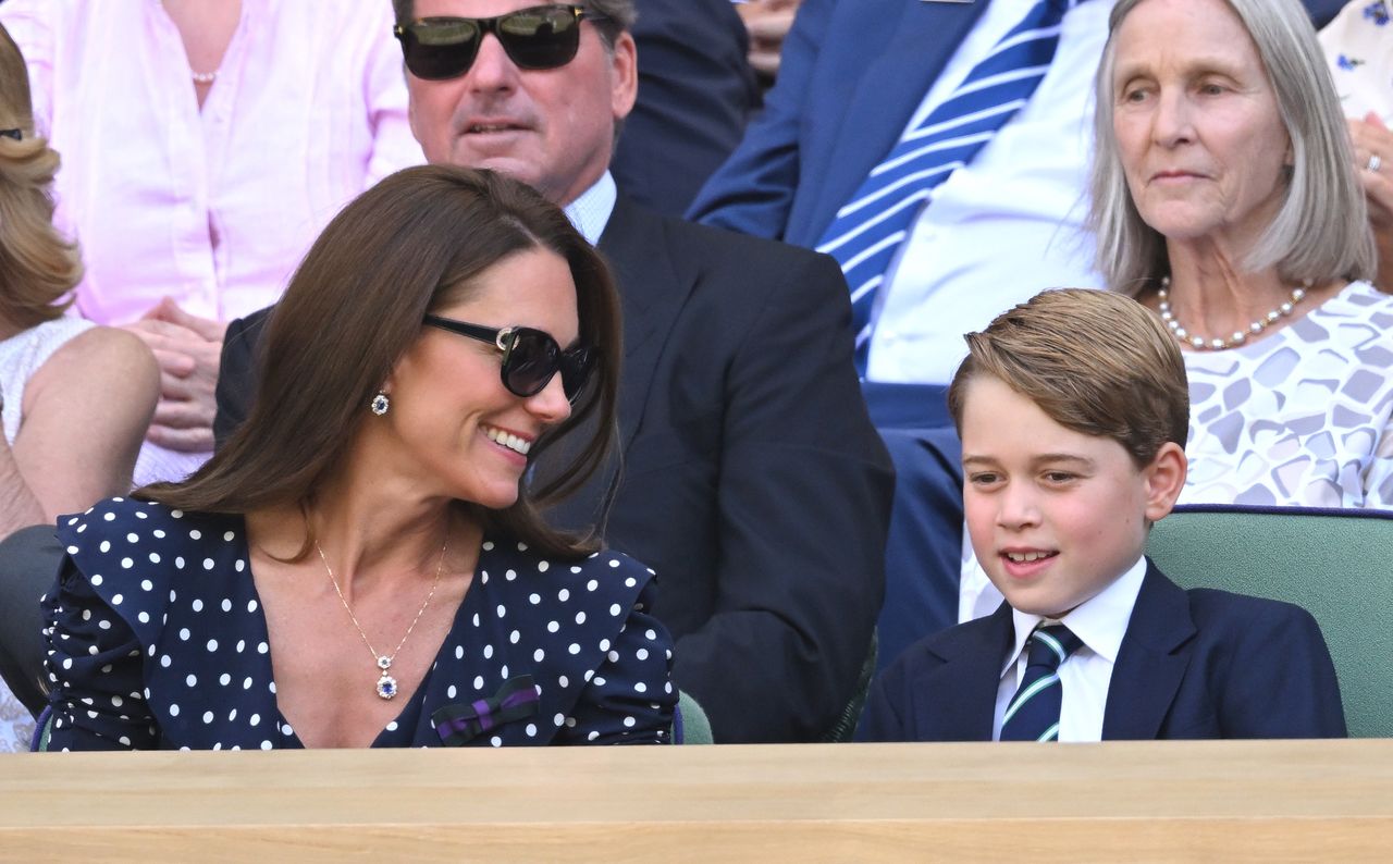 LONDON, ENGLAND - JULY 10: Catherine, Duchess of Cambridge and Prince George of Cambridge attend the Men's Singles Final at All England Lawn Tennis and Croquet Club on July 10, 2022 in London, England. (Photo by Karwai Tang/WireImage)