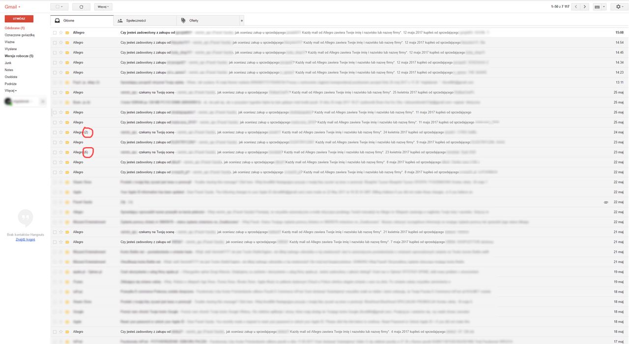 Pierwsza strona Gmaila, zamazane wiadomości, które nie dotyczą zachęty do skomentowania transakcji.