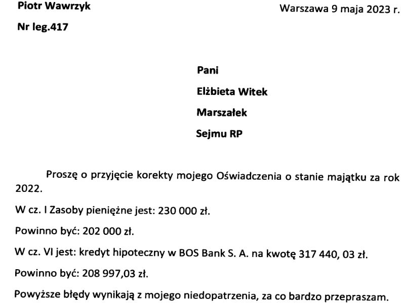 W piśmie do marszałek Sejmu Piotr Wawrzyk przyznał się do sporej pomyłki