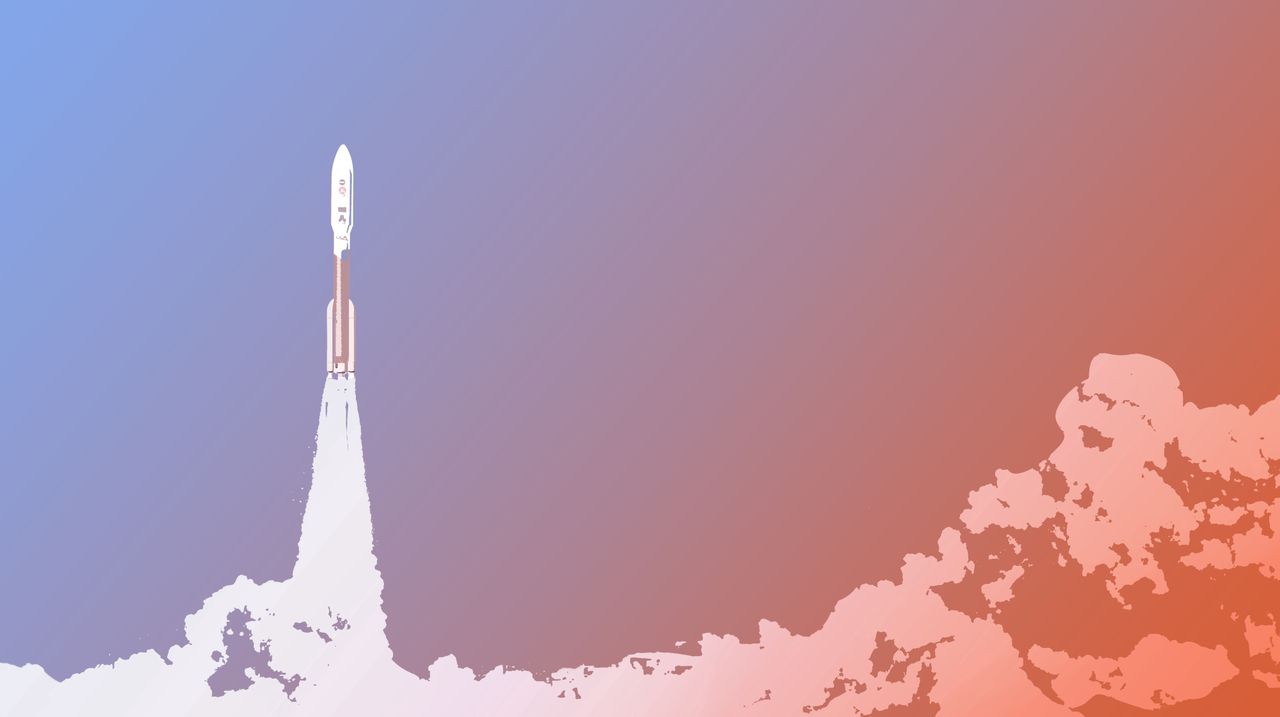 Ilustracja przedstawia start rakiety AtlasV, na której szczycie znajduje się łazik Perserverance