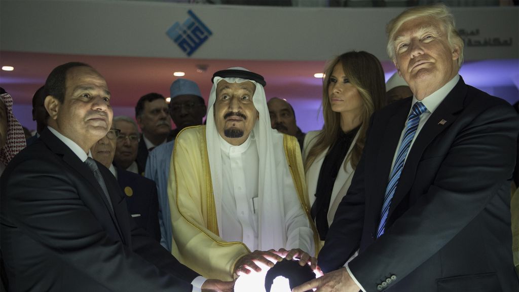 US President Trump in Saudi Arabia
RIYADH, SAUDI ARABIA - MAY 21: (----EDITORIAL USE ONLY  MANDATORY CREDIT - "BANDAR ALGALOUD / SAUDI ROYAL COUNCIL / HANDOUT" - NO MARKETING NO ADVERTISING CAMPAIGNS - DISTRIBUTED AS A SERVICE TO CLIENTS----)US President Donald Trump, US First lady Melania Trump (2nd R), Saudi Arabia's King Salman bin Abdulaziz al-Saud (2nd L) and Egyptian President Abdel Fattah el-Sisi (L) put their hands on an illuminated globe  during the inauguration ceremony of the Global Center for Combating Extremist Ideology in Riyadh, Saudi Arabia on May 21, 2017. (Photo by Bandar Algaloud / Saudi Royal Council / Handout/Anadolu Agency/Getty Images)
Anadolu
diplomacy, Global Center for Combatting Extremist Ideology, international relations, Saudi Arabia, United States, Official visit, 2017, Saudi Arabian, USA