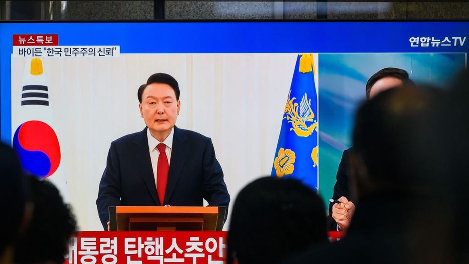 A 24-hour Yonhapnews TV broadcast at Yongsan Railway Station
SEOUL, SOUTH KOREA - 2024/12/15: A 24-hour Yonhapnews TV broadcast at Yongsan Railway Station showing President Yoon Suk Yeol giving a public address from his official residence in Seoul. South Korea's National Assembly voted to impeach President Yoon Suk Yeol over his botched imposition of martial law, suspending him from his duties until the Constitutional Court decides whether to reinstate him or remove him from office. (Photo by Kim Jae-Hwan/SOPA Images/LightRocket via Getty Images)
SOPA Images
24-hour yonhapnews, tv broadcast, news broadcast, yongsan railway station, screen, public address, yoon suk yeol, tv