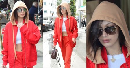 Bella Hadid odsłania brzuch w czerwonym dresie