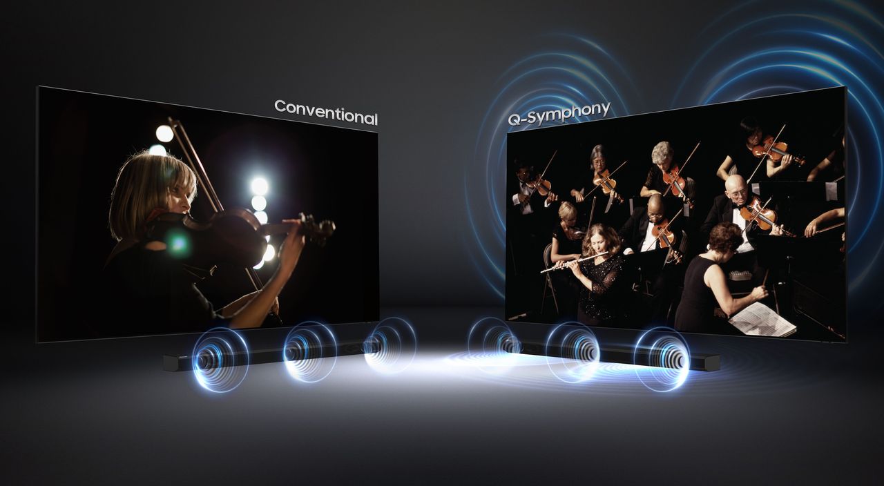 Funkcja Q-Symphony pozwala idealnie zsynchronizować głośniki telewizora z soundbarami Samsunga, dając nam kinowe brzmienie