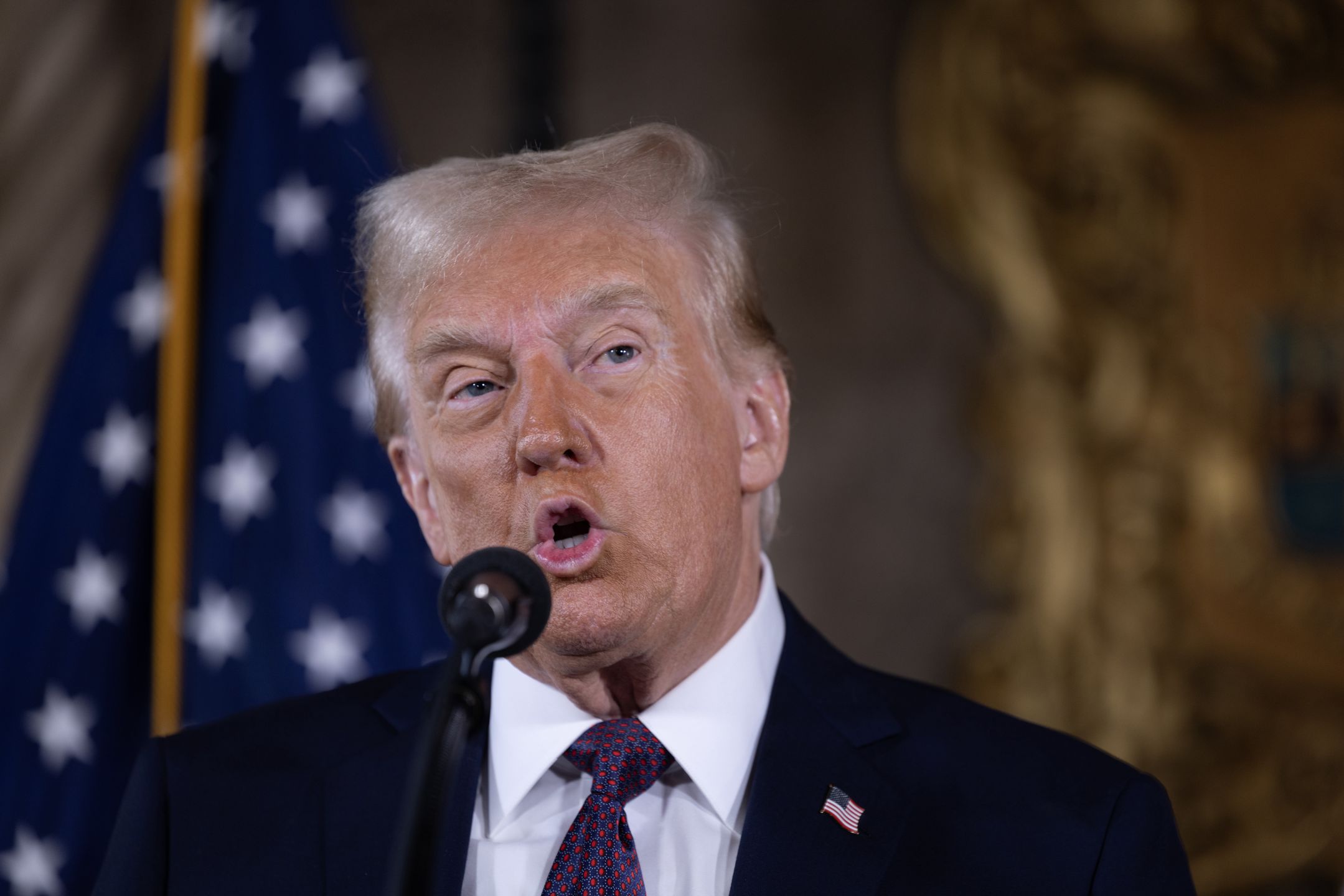 PALM BEACH, FLORIDA - JANUARY 07:  U.S. President-elect Donald Trump speaks to members of the media during a press conference at the Mar-a-Lago Club on January 07, 2025 in Palm Beach, Florida. Trump will be sworn in as the 47th president of the United States on January 20, making him the only president other than Grover Cleveland to serve two non-consecutive terms in office. (Photo by Scott Olson/Getty Images)