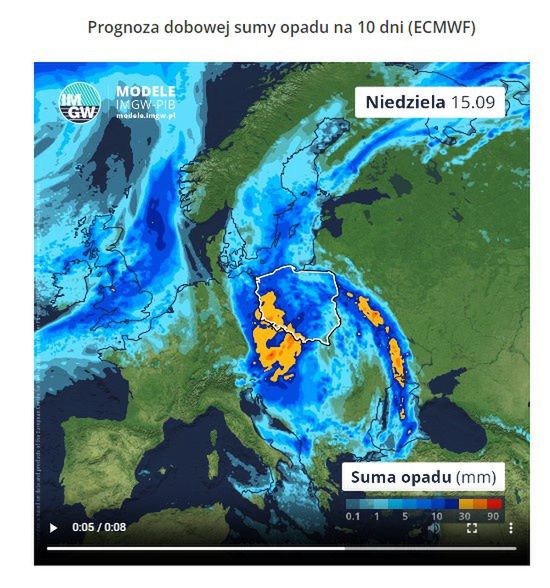 Prognoza sumy opadów w Polsce w niedzielę, 15 września