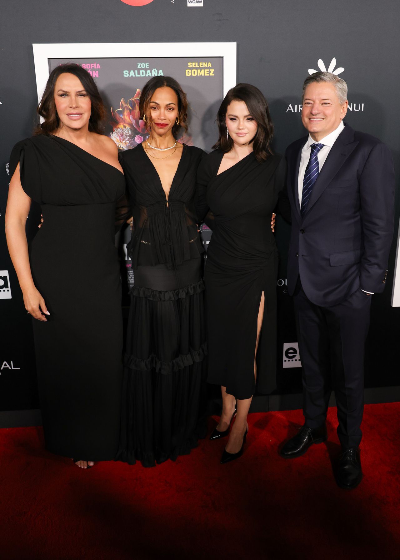 Karla Sofía Gascón, Zoe Saldana, Selena Gomez, Ted Sarandos at "Emilia Perez" at the Opening Night of The American French Film Festival at the DGA Theater Complex on October 29, 2024 in Los Angeles, California. (Photo by River Callaway/Variety via Getty Images)