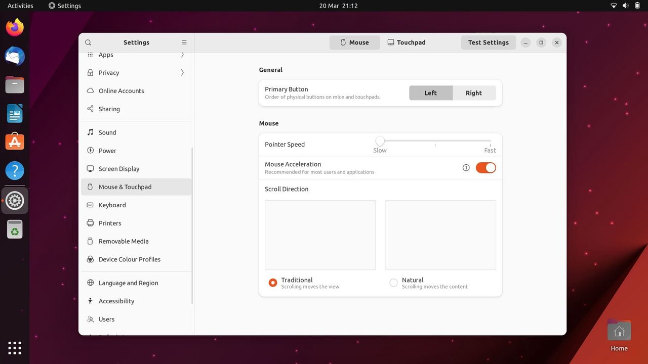 Ustawienia w Ubuntu 23.04 - sekcja myszki i touchpada