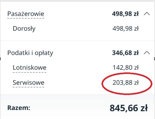 Opłata serwisowa wyższa od lotniskowej