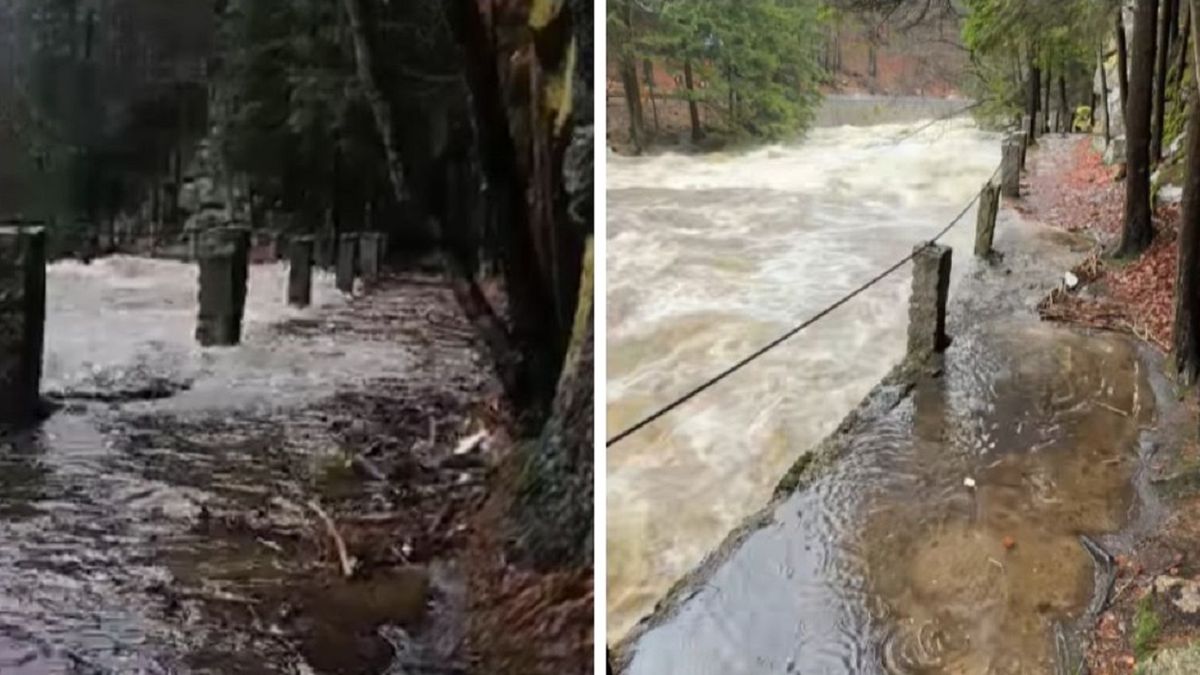 Rzeka Kamienna zalewająca szlak w Karkonoszach