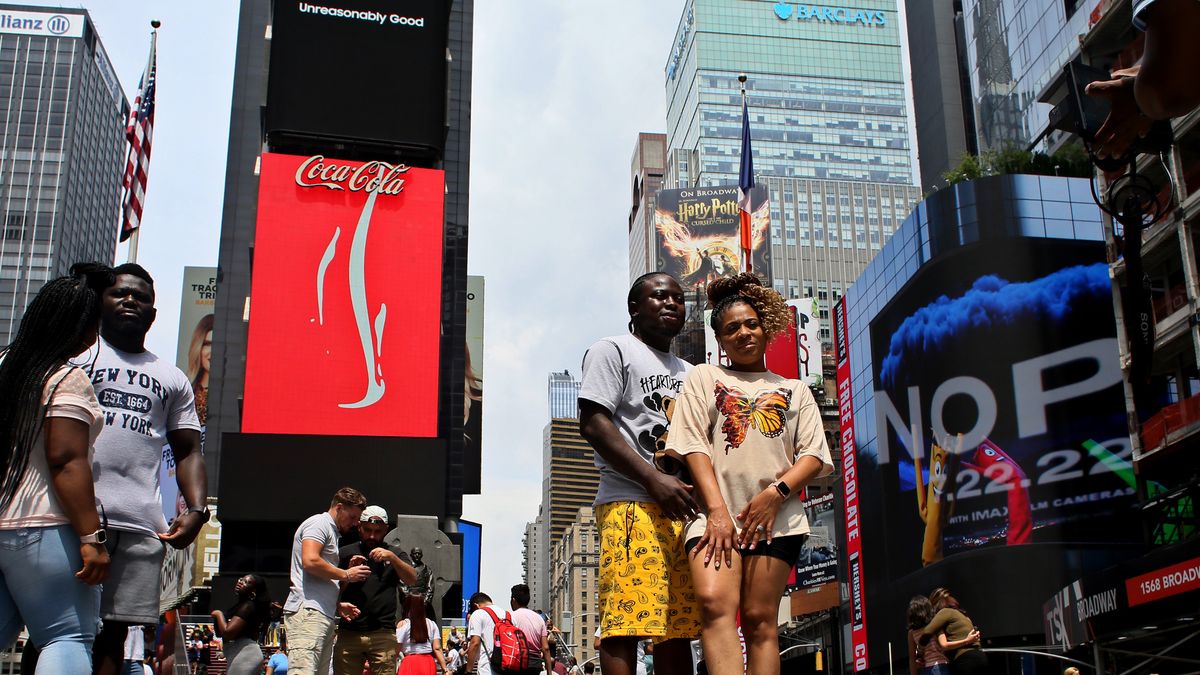 New York Summer Tourism Season is in Full Swing
NEW YORK, NEW YORK - JULY 17: Tourist wait for a picture at Times Square, on July 17, 2022 in New York. The summer tourism season is in full swing across New York  despite inflation and gas prices. (Photo by John Smith/VIEWpress)
VIEW press