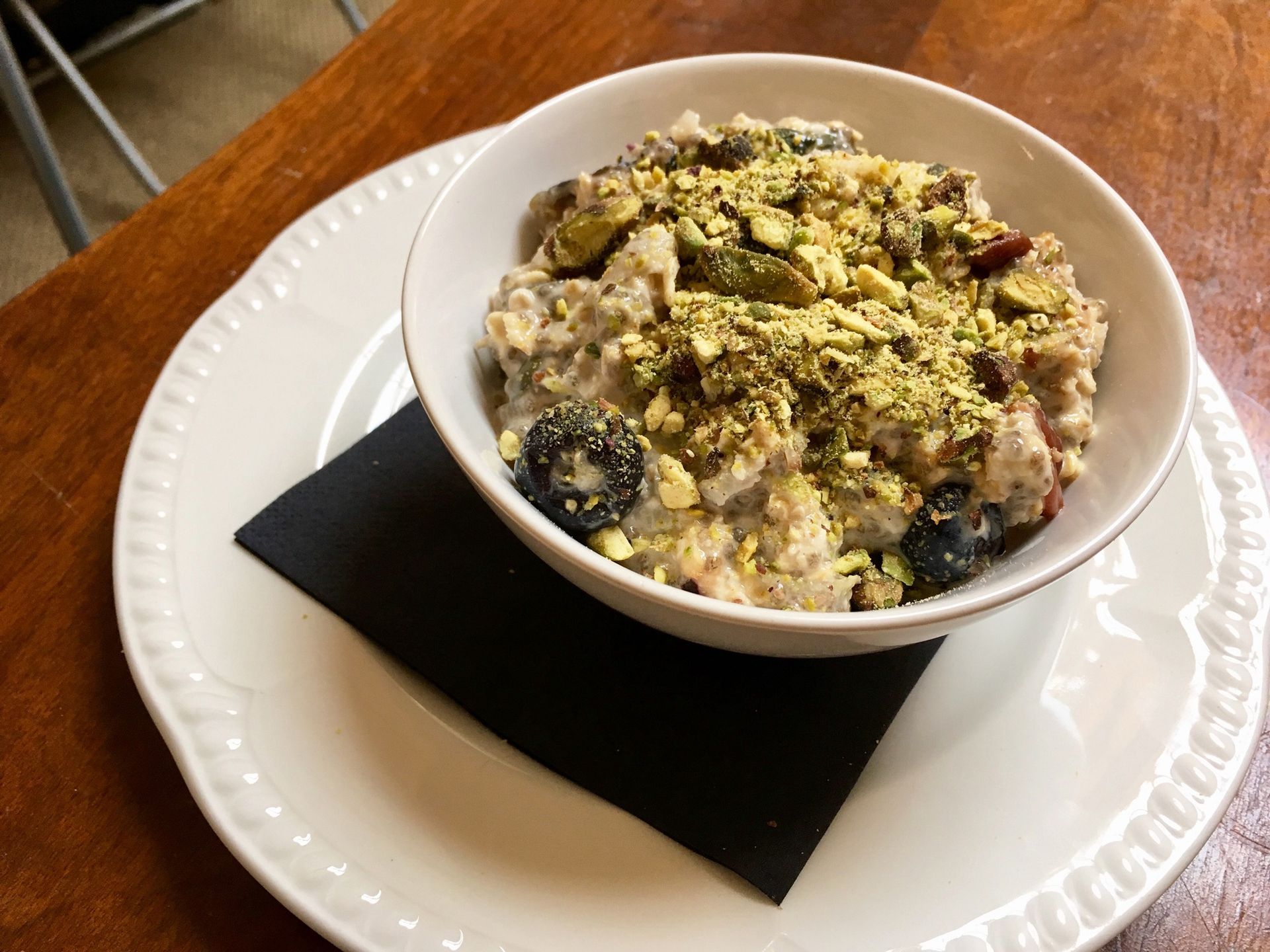 Fruit and Nut Topped Bowl of Oatmeal
A hearty bowl of oatmeal topped with pistachios, blueberries and other fruits and nuts.
photo by Pam Susemiehl