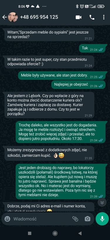 Wiadomości na WhatsApp od fałszywego klienta
