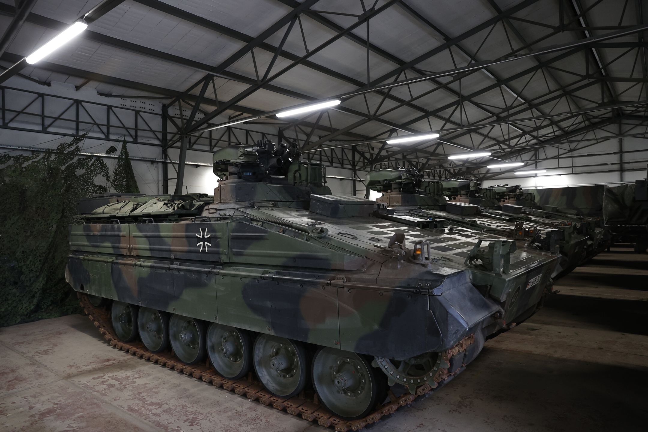 MARIENBERG, GERMANY - JANUARY 12: A view of Marder infantry fighting vehicles to be sent to Ukraine as German Minister of Defense Christine Lambrecht (not seen) visits NATO Response Force (NRF), in Marienberg, Germany on January 12, 2023. (Photo by Abdulhamid Hosbas/Anadolu Agency via Getty Images)