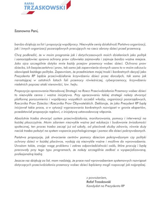 List Rafała Trzaskowskiego do Fundacji (Facebook)
