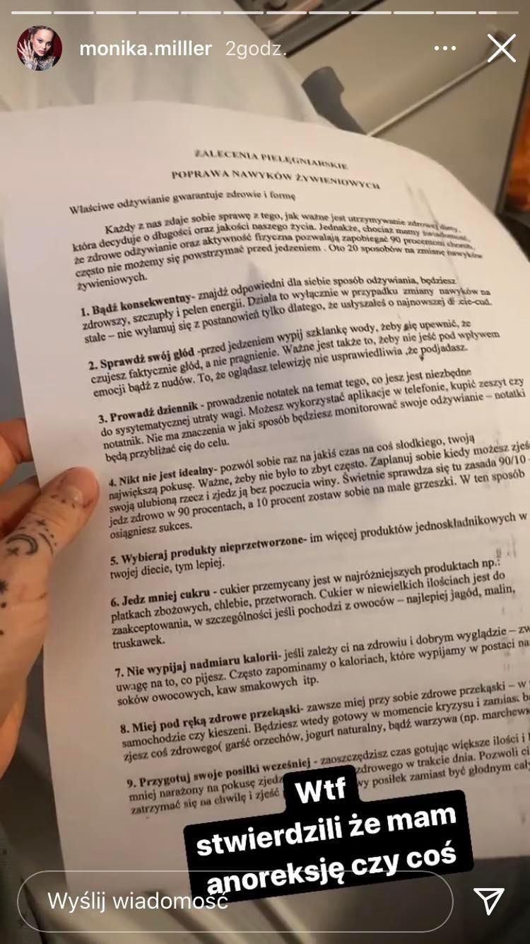 U Moniki Miller stwierdzono anoreksję 
