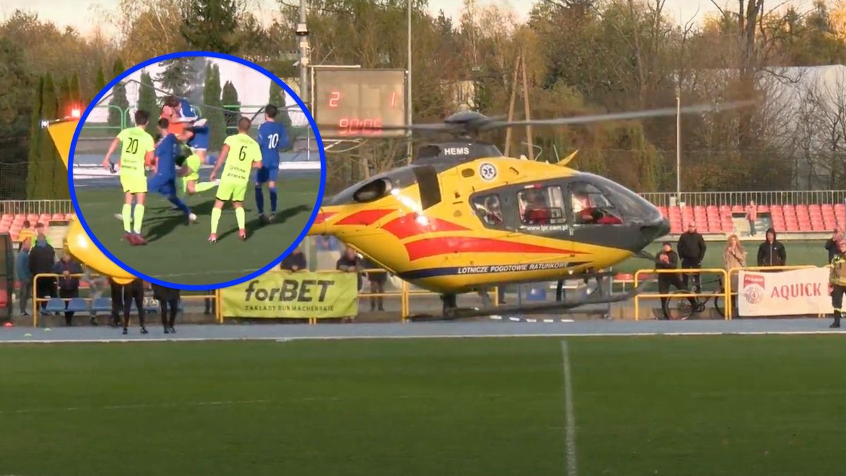 Podczas meczu MKS Piaseczno - KTS Weszło doszło do bardzo groźnej kontuzji Na murawie musiał lądować helikopter Lotniczego Pogotowia Ratowniczego