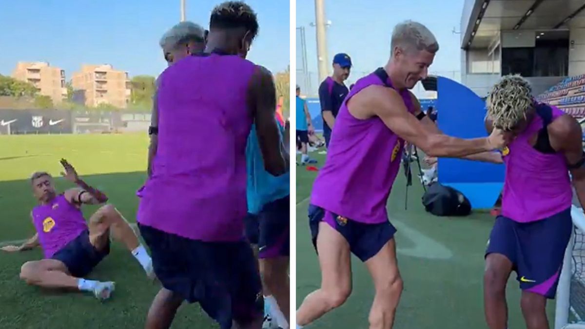 Twitter / FC Barcelona / Na zdjęciu: Robert Lewandowski i Lamine Yamal