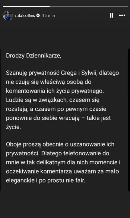 Rafał Collins wydał oświadczenie 