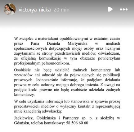 Oświadczenie Victorii Woroniewskiej na Instagramie