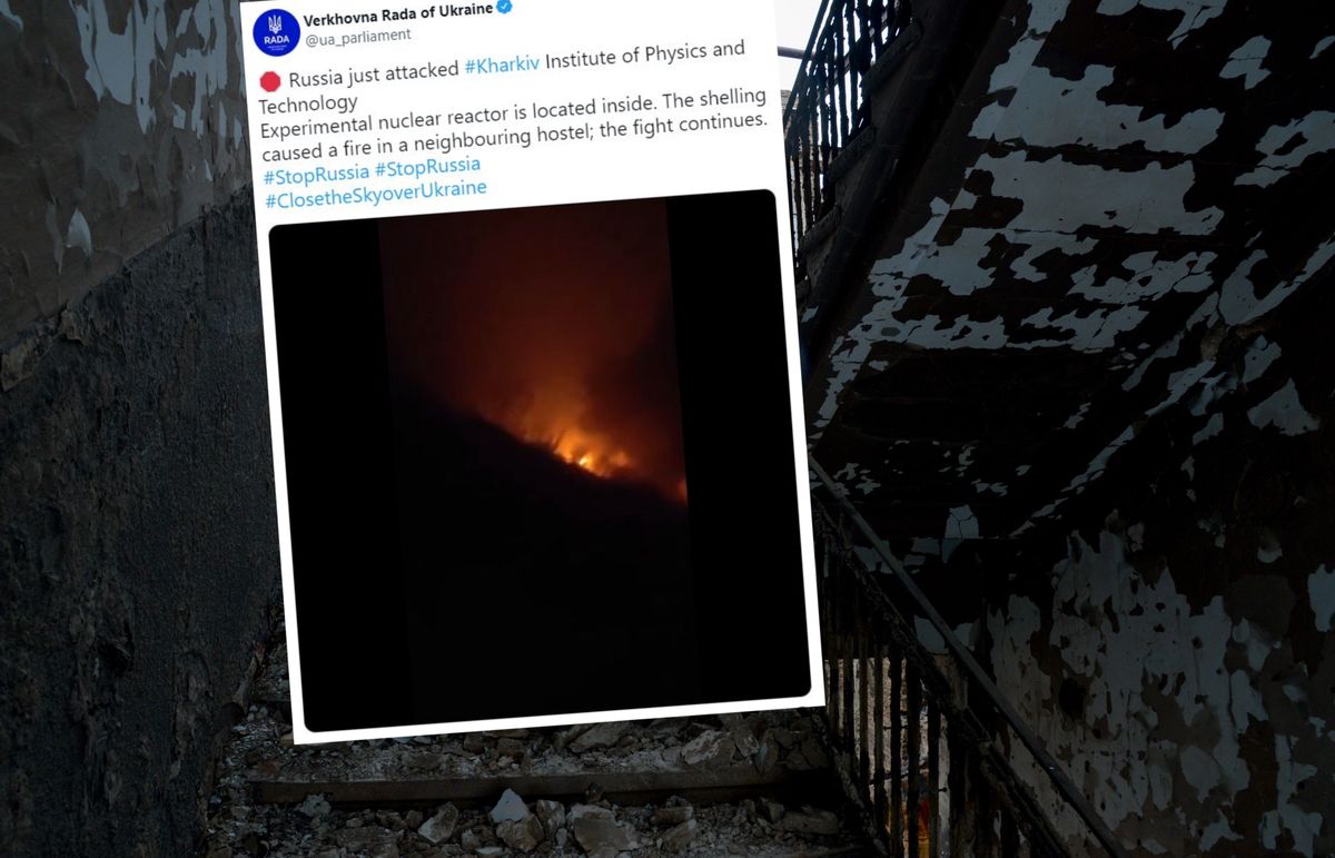 Pożar po rosyjskim nalocie na ośrodek z materiałami promieniotwórczymi w Charkowie, fot. Twitter 