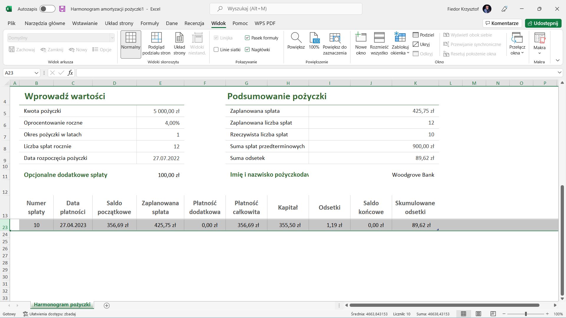 Blokowanie wiersza w programie Microsoft Excel.