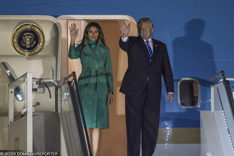 Prezydent USA Donald Trump z żoną na warszwskim Okęciu