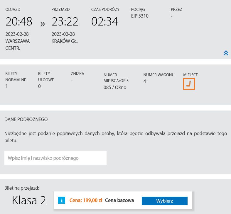 Tyle kosztował bilet normalny na przejazd drugą klasą w pociągu EIC z Warszawy do Krakowa między 11 stycznia a 1 marca