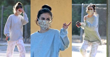 Zamaskowana Selena Gomez podskakuje na korona-spacerze i grozi komuś palcem (ZDJĘCIA)