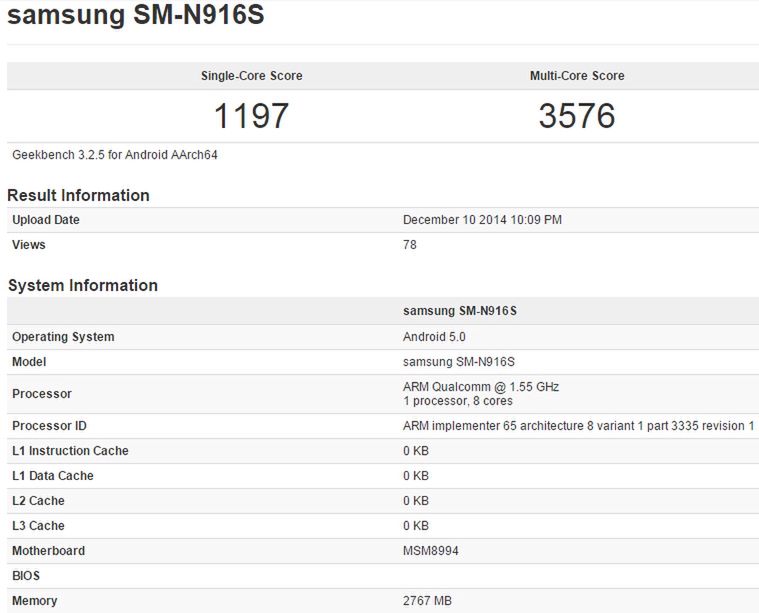 Dane z geekbench wskazujące na istnienie modelu Samsung SM-N916S, który może być wersją Galaxy Note'a 4 ze Snapdragonem 810.