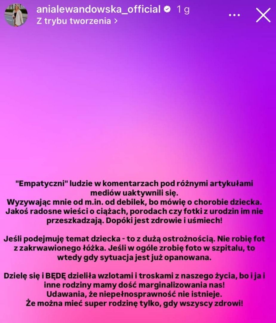 Wpis Anny Lewandowskiej na Instagramie