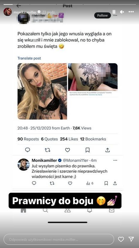 Monika Miller reaguje na wpis dotyczący tatuaży na pośladkach