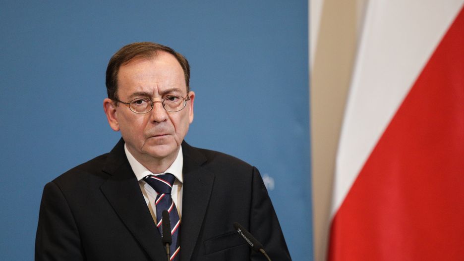 Warszawa 26.04.2022. Konferencja w ministerstwie spraw wewnetrznych i administracji poswiecona liscie sankcyjnej wobec rosyjskich podmiotow i obywateli. N/z Mariusz Kaminski.