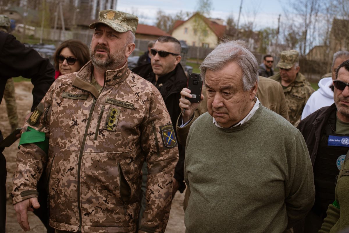 BORODYANKA, UKRAINE - APRIL 28: UN Secretary-general Antonio Guterres visits Borodyanka region of Ukraine on April 28, 2022. (Photo by Andre Luis Alves/Anadolu Agency via Getty Images)