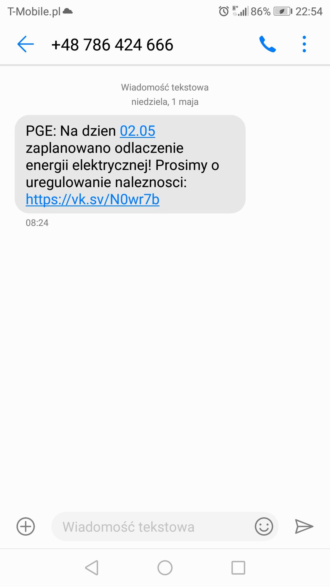 Spreparowana przez oszustów wiadomość "od PGE"