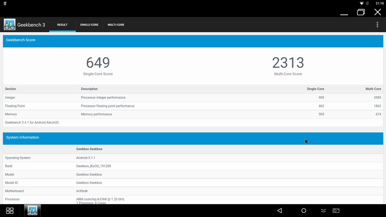 Geekbench 3 na Geekboksie z Light Biz OS-em (wersja 151208)