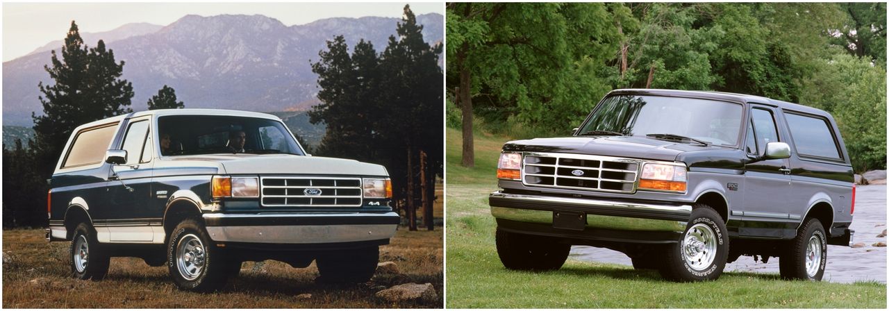 Ford Bronco z 1987 r (4. generacja) po lewej i z 1995 r. (5. generacja) po prawej.