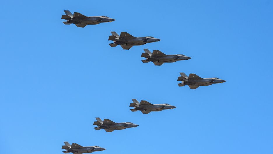 SEONGNAM, SOUTH KOREA - 2023/10/16: South Korea's F-35 Lightning II stealth multirole combat aircrafts stage an aerial demonstration during a Media Day event for the Seoul International Aerospace and Defense Exhibition (ADEX) 2023 held at the Seoul Air Base in Seongnam, south of Seoul. The organizers announced that the 2023 Seoul International Aerospace and Defense Exhibition (ADEX) will open at Seoul Air Base in Seongnam from October 17 to 22, and 550 companies from 35 countries will participate. (Photo by KIM Jae-Hwan/SOPA Images/LightRocket via Getty Images)