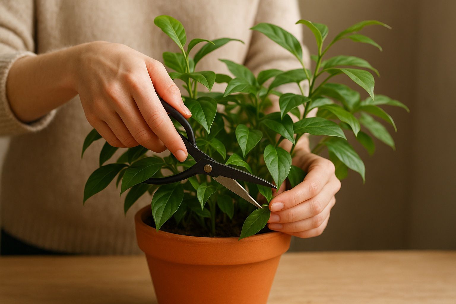 Przycinanie roślin doniczkowych w jasnym salonie – zdrowe, bujne liście i czyste narzędzia ogrodnicze – ilustracja artykułu