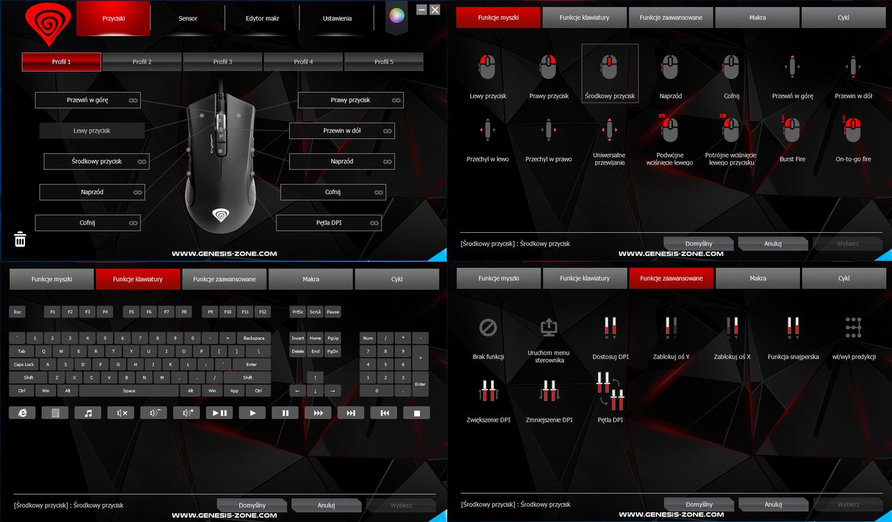 Profile i definiowanie przypisań dla przycisków w Genesis Krypton 800 Gaming Software