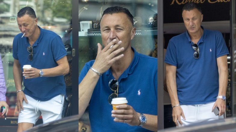 Tomasz Hajto delektuje się papierosem przed lombardem