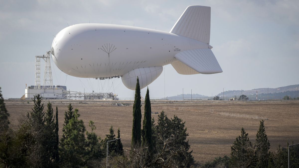 HAIFA, ISRAEL - NOVEMBER 10: An Israeli Air Force airship known as the "Sky Dew" or “Elevated Sensor” containing a highly advanced radar system to detect incoming missiles and drones is seen berthed at an undisclosed location in northern Israel on November 10, 2023 near Haifa, Israel. A month after Hamas's Oct. 7 attacks that left 1,400 dead and over 240 held hostage, Israel has maintained a relentless bombardment of the Gaza Strip and launched a ground invasion to vanquish the militant group that governs the Palestinian territory. The Hamas-run health ministry in Gaza said that over 10,000 people have died in Gaza during the war, while the IDF has reported the deaths of several dozen Israeli soldiers. (Photo by Christopher Furlong/Getty Images)